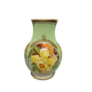 Nippon Antique Japanese Porcelain Vase Green Yellow Floral Design Square Mouth